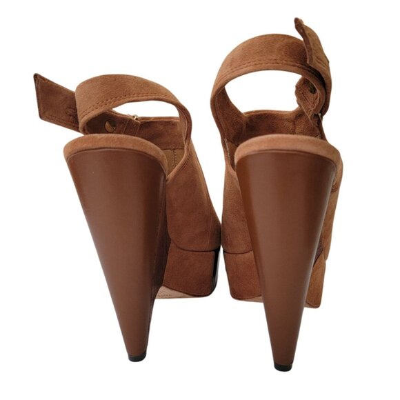 L.A.M.B. Womens Tan Suede Slingback Peep Toe Platform Wedge Heels Size 6.5M - Picture 4 of 13